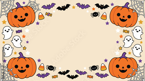 A cute festive halloween background featuring cartoon pumpkins ghosts and bats with a central copy space for your holiday text