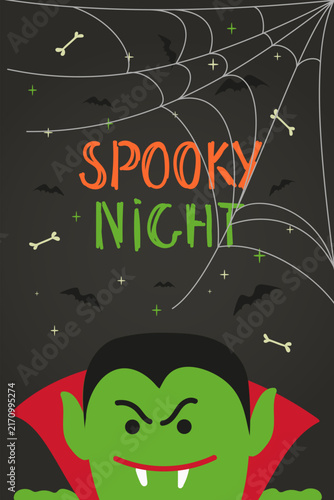 Angry, cunning, smiling vampire count in red hood with spooky night lettering, Cobweb, bats and bones around. Vector Halloween art
