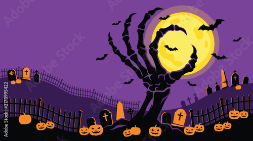 A spooky halloween background featuring a giant skeletal hand reaching for a full moon over a graveyard with many glowing pumpkins