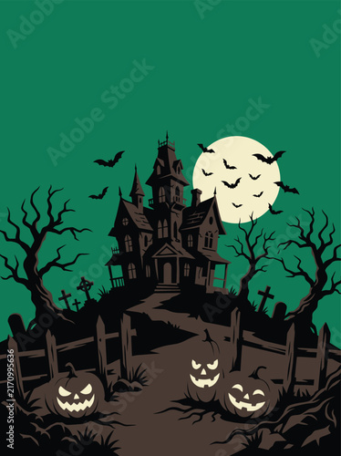 A spooky halloween background featuring a haunted mansion silhouette with glowing jack o lanterns under a full moon night sky