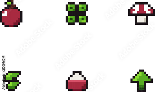 Pixel rpg power-up icons, including a red apple, green four-leaf clover, mushroom, green leaves, potion bottle, and a green upward arrow