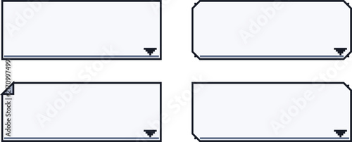 Set of four pixel text boxes with black outlines, white backgrounds, and small downward-pointing arrow icons in the bottom right corners