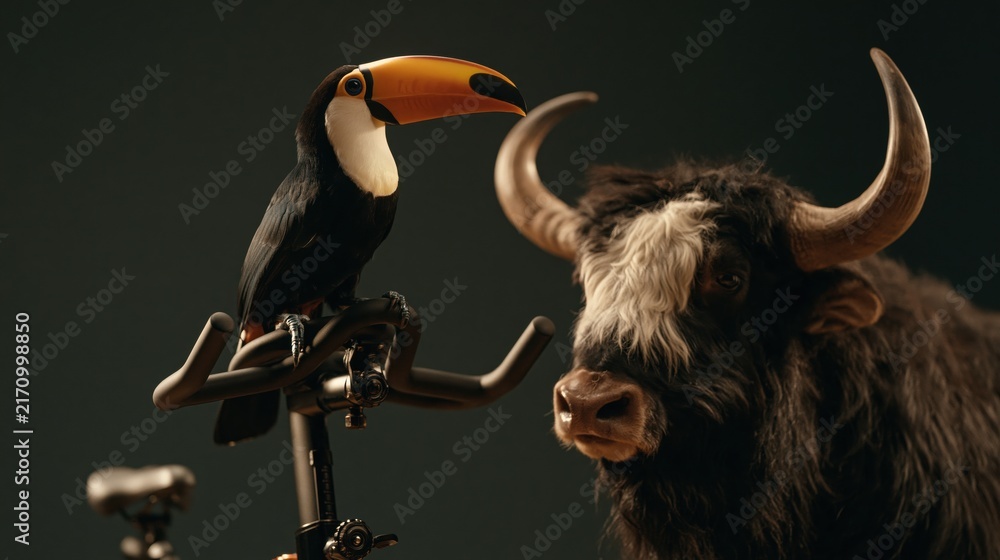 Naklejka premium Toucan Perched on Bicycle Handlebar Beside Horned Yak