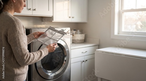 Woman holding clean dryer lint filter screen in laundry room