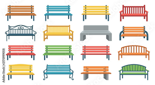 Принти на полотні Collection of colorful park benches in a flat vector illustration style