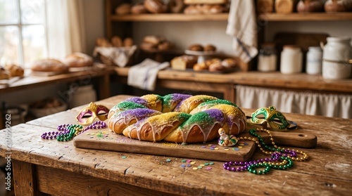 Mardi Gras King Cake With Beads and Masks on a Rustic Wooden Table in a Cozy Kitchen