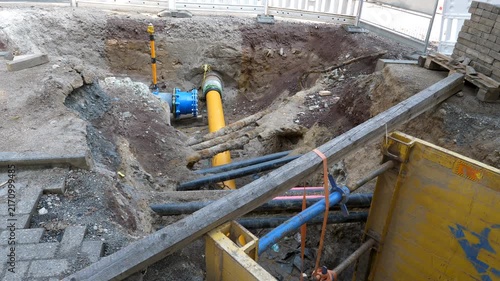 Installation of water and heating lines in the city center of Wiesbaden. Large construction site, road works
