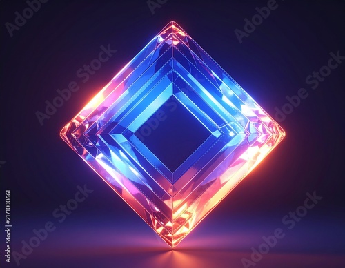 A glowing blue diamond shape with red and yellow accents floats against a dark background. 3d render illustration.