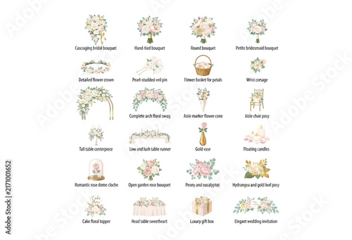 Floral ornament collection with rose bouquets and eucalyptus arrangements vector illustration