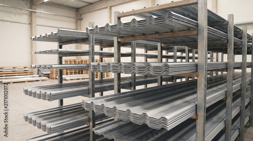 Stacked metal roofing panel inventory creates sense of orderly industrial productivity within clean and organized warehouse facility