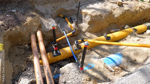 Installation of water and heating lines in the city center of Wiesbaden. Large construction site, road works