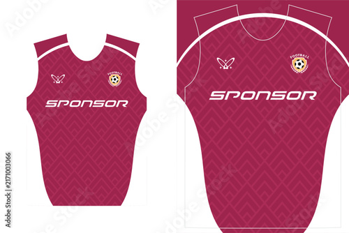 Maroon soccer jersey template with geometric pattern and sponsor placeholder
