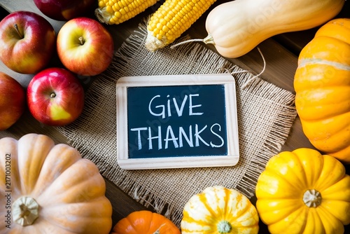 give thanks sign surrounded by autumn harvest produce. Thanksgiving holiday background