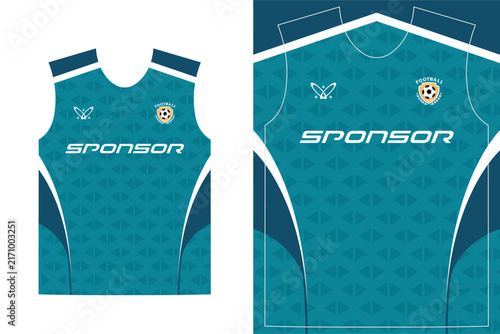 Teal soccer jersey template with geometric pattern and white accents