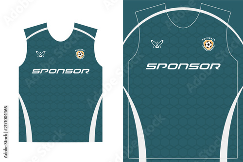 Teal soccer jersey template with white curved lines and sponsor logo