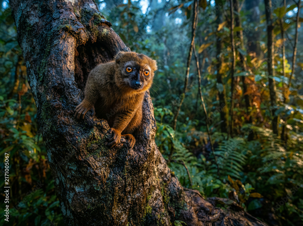 Obraz premium Small brown lemur clinging to a textured tree trunk in a dappled lush forest