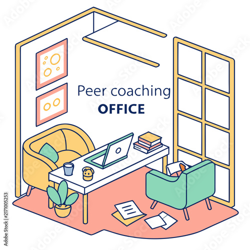 Colorful 3D isometric view of a peer coaching office with desk chair computer books plant on desk office setup business workspace coaching environment modern office bookshelf