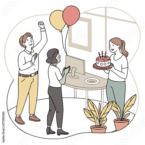 Vector illustration of two colleagues celebrating success with a cake and plants in a bright office with large and framed artwork team achievement modern office design office party