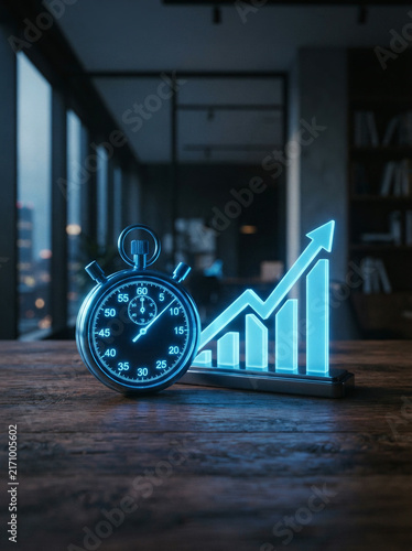 Neon lit stopwatch object with a glowing graph on dark wood in quiet muted colour
