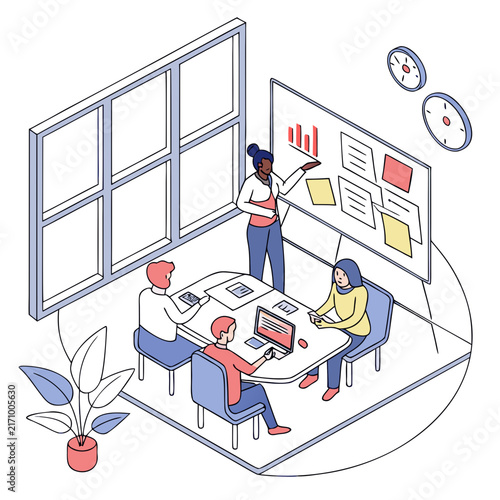 Vector illustration of a team collaboration meeting in a modern office with colleagues discussing around a conference table conference room business discussion teamwork illustration