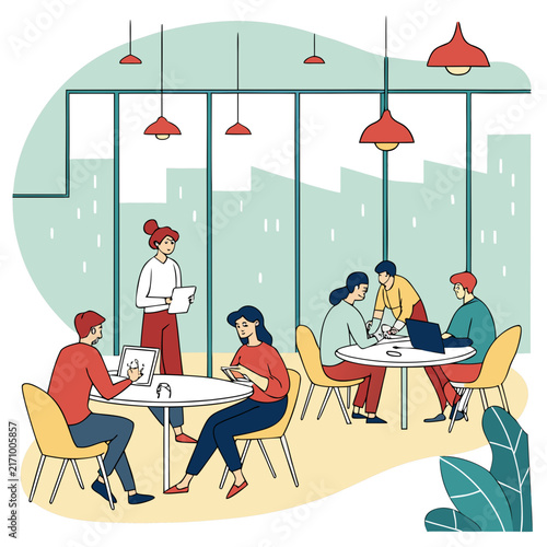 Flat design illustration of a small group of people sitting around a wooden table in a cozy café with hanging lamps and large caf interior social gathering caf seating relaxed atmosphere