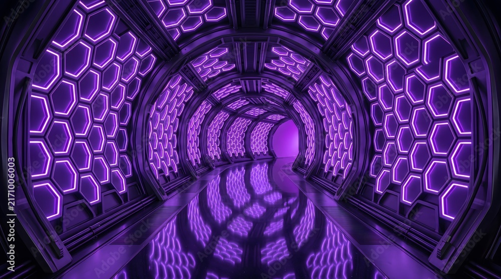 Fototapeta premium Futuristic 3D background with hexagonal tunnel and purple lights.