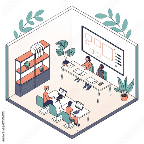 Modern office interior with employees working at desks and plants in large office desk contemporary workspace office furniture office environment office design workspace illustration