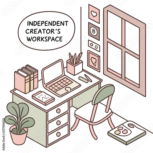 Minimalist flat lay illustration of an independent creator's workspace with laptop books plant coffee cup stationery on wooden desk minimalist home office plant in pot desk organization
