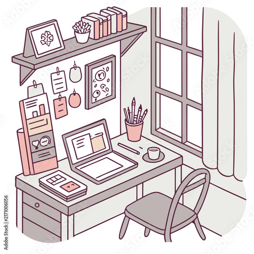 Flat lay illustration of a cozy home office workspace with laptop books coffee cup plant stationery on wooden desk with chair plant in pot desk organization desk accessories workspace design