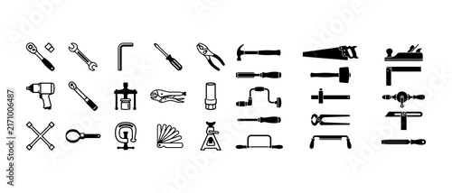 collection of black and white line icons depicting various hand tools