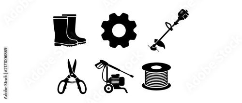 Black and white garden equipment icons on clean background