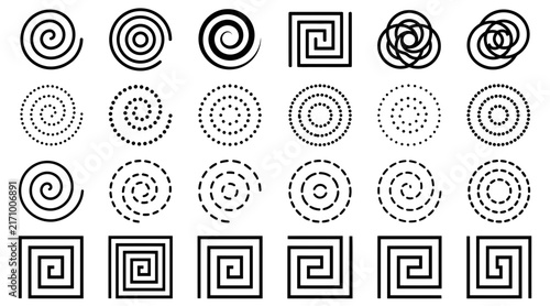 Collection of various black and white spiral and square geometric pattern icons on a white background