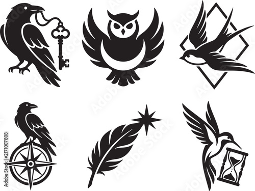 Bird and Symbol Icon Collection | Raven, Owl, Swallow and Hummingbird Vector Set