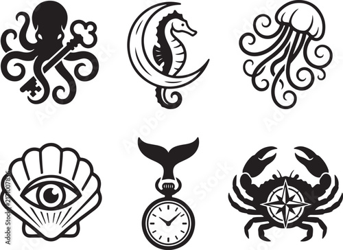 Ocean Mystery Icon Collection | Marine Life, Nautical Symbols and Decorative Vector Set