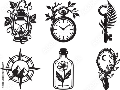 Mystical Vintage Symbol Collection | Lantern, Pocket Watch, Key, Compass and Botanical Emblem Vector Set