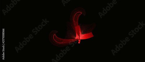 Red abstract art design with swirling patterns and 3D shapes