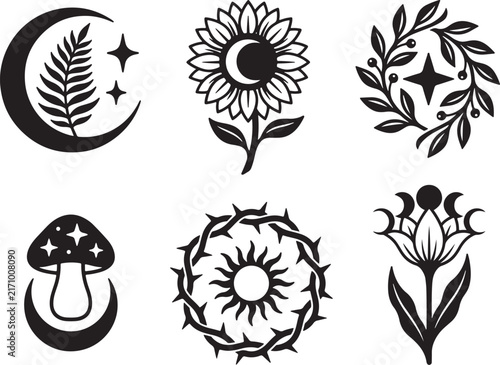 Mystical Botanical Symbol Collection | Moon, Sun, Flower, Mushroom and Thorn Wreath Vector Set