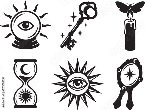 Mystical Occult Symbol Collection | Crystal Ball, Magic Key, Moth Candle, Hourglass and Eye Vector Set