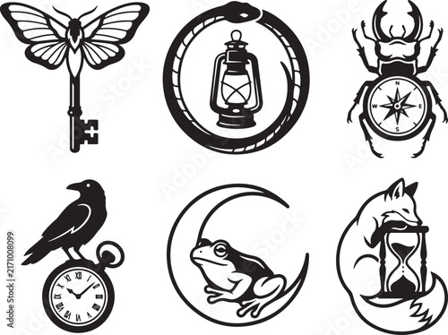 Mystical Animal Symbol Collection | Butterfly, Snake, Beetle, Crow, Frog and Fox Vector Set