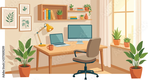 Minimalist Modern Home Office with Plants and Desk