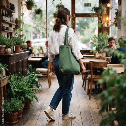 Woman with Green Tote Bag Walking in Cozy Plant-Filled Cafe