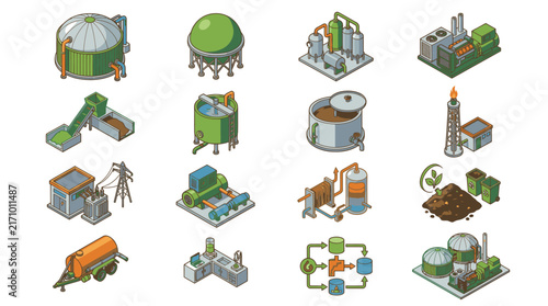 Professional Illustrated Collection of 16 Green Energy and Industrial Processing Equipment in Vibrant Colors