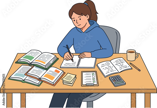 Foto Vector illustration of young woman studying at desk with books notes and coffee