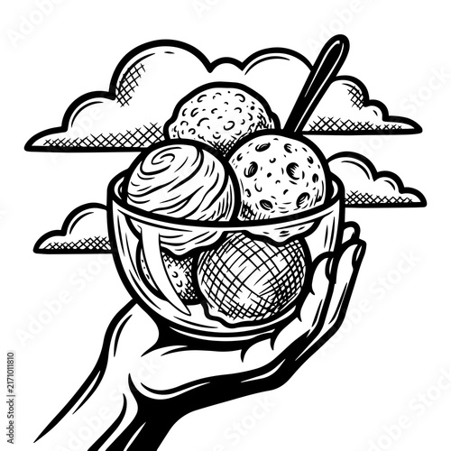 Engraved style vector illustration of ice cream scoops in a glass bowl