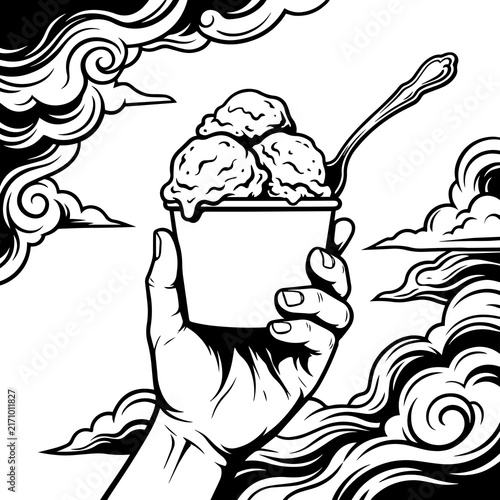 Monochrome vector drawing of a hand holding an ice cream cup with decorative