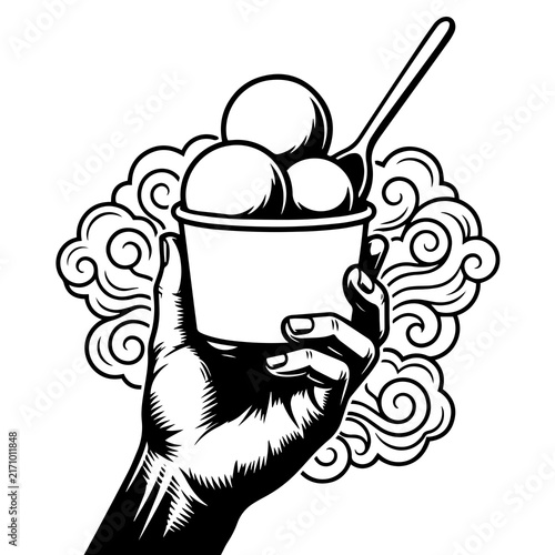 Bold black and white graphic design of a hand holding an ice cream cup