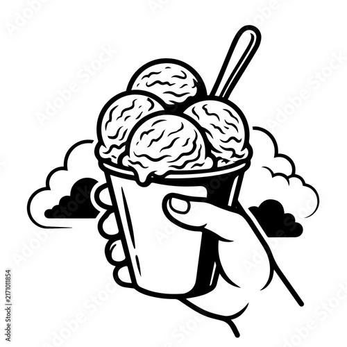 Classic style black and white graphic art of a hand holding ice cream scoops