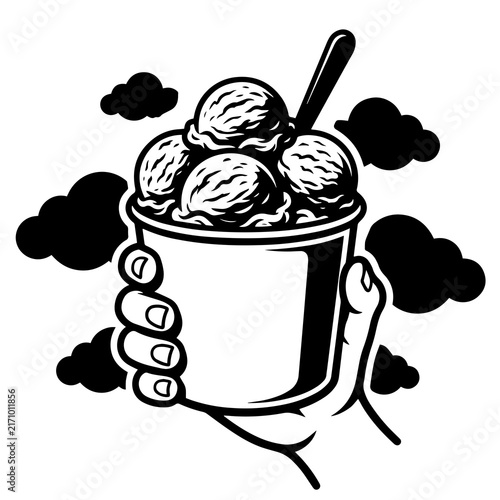 Black and white vector graphic of a hand holding an ice cream cup with spoon