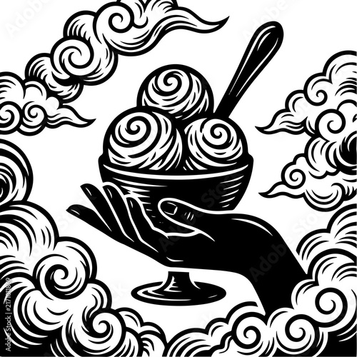 Hand drawn vector illustration of a hand holding an ice cream sundae bowl