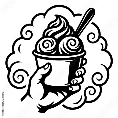 Monochrome vector graphic of a hand holding an ice cream cup with swirls